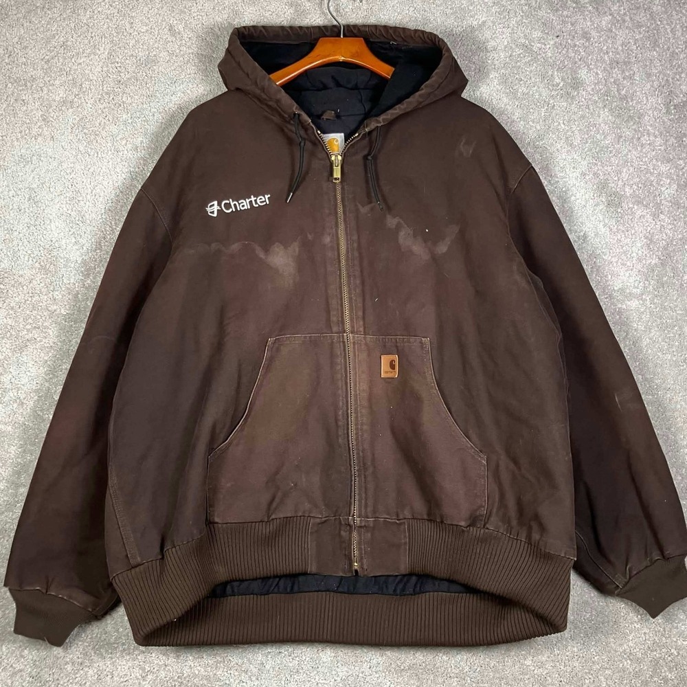 Carhartt J130 DKB Active Jacket Mens 3XL Brown Quilted Lined Canvas Hooded Coat